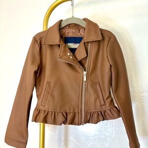 Adorable Limited Too girls’ vegan leather biker jacket in camel/cognac—size 4t